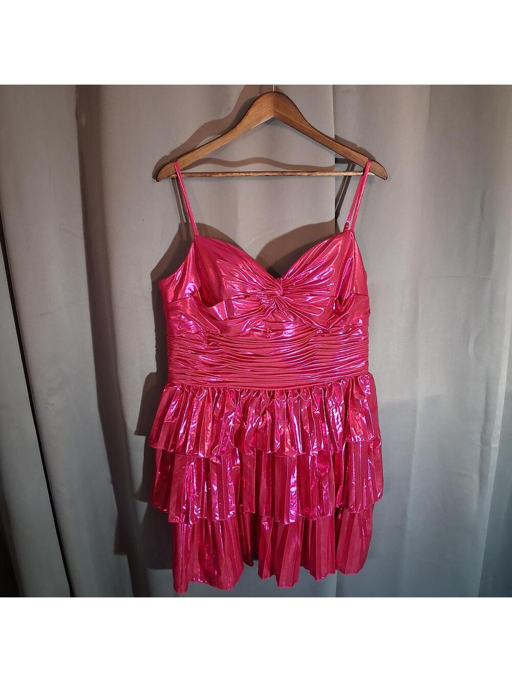 Stacees Metallic Hot Pink Fuchsia Tiered Ruffle Spaghetti Strap Dress US 16